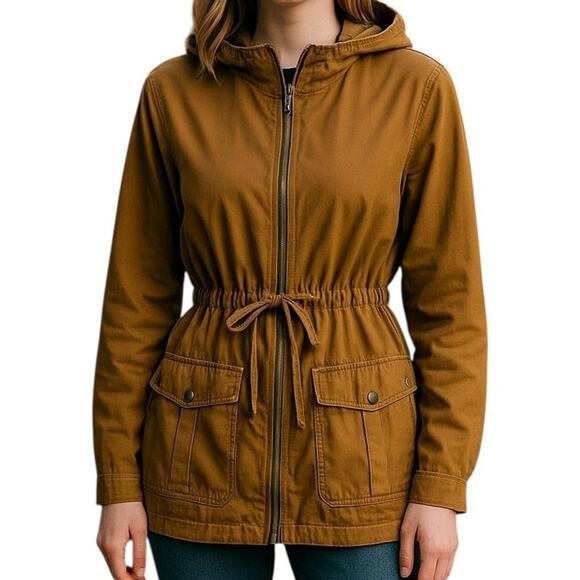 Old Navy Utility Jacket Women Small Brown Hooded Anorak Drawstring Waist Pockets - Picture 1 of 11